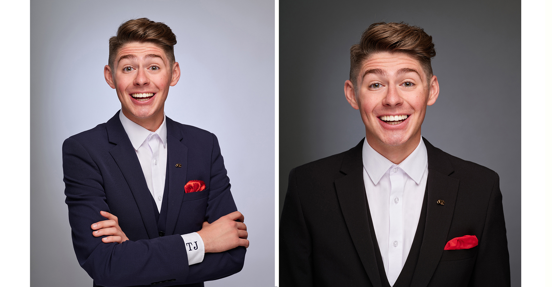 Male performer headshot-portrait  wearing  blue suit smiling against grey backdrop